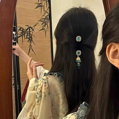 新中式蓝色流苏发夹女古风气质