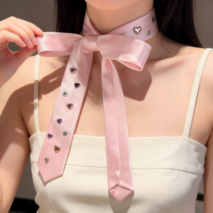 甜心粉爱心水钻领带女时髦y2k细窄丝巾亮闪闪辣妹腰带潮 名狐个性