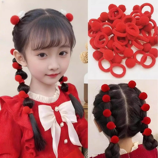 儿童新年红色高弹毛球皮筋头饰女童拜年喜庆橡皮筋扎头发拇指发圈