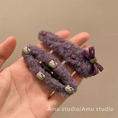 新款 韩系紫色毛绒KT蝴蝶结发夹女甜美前额碎发BB夹侧边刘海夹边夹