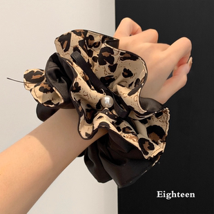 韩系咖色豹纹缎面蝴蝶结大肠发圈女高级感丸子头气质超大发饰头绳