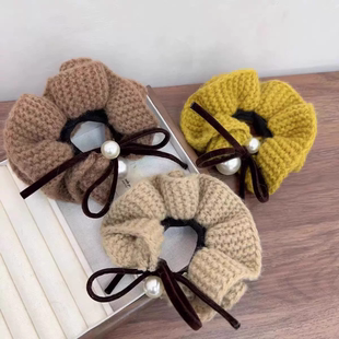 韩系蝴蝶结珍珠卡其色毛线大肠发圈女绑头发绳秋冬头绳2025新款