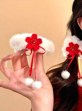新年红色毛绒花朵大肠发圈女喜庆氛围感发饰2025春节国风飘带头饰