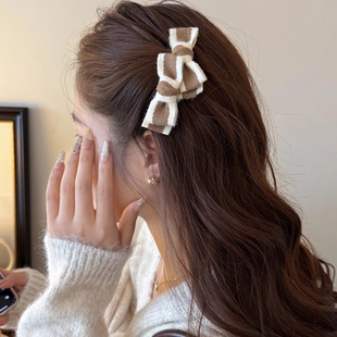 日系秋冬丝绒蝴蝶结刘海发梳防滑插梳顶夹前额侧边碎发夹成人发饰