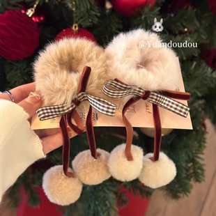 秋冬毛球格纹蝴蝶结发圈女2025新款 新年可爱扎马尾丸子头发绳发饰