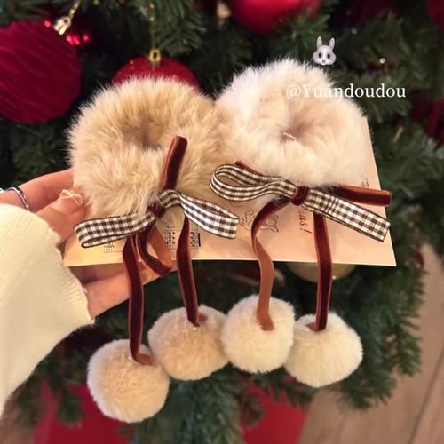 秋冬毛球格纹蝴蝶结发圈女2025新款新年可爱扎马尾丸子头发绳发饰