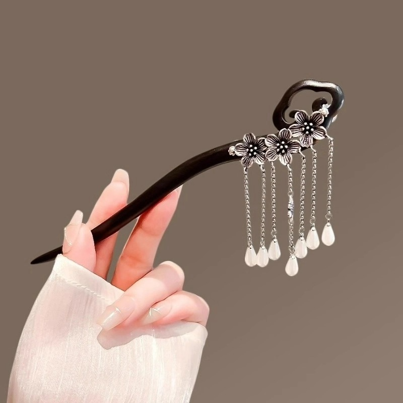 古风黑檀木发簪女祥云古银花朵