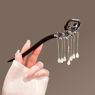 古风黑檀木发簪女祥云古银花朵流苏步摇气质盘发簪子高级感发钗