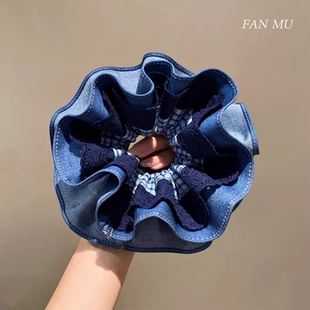 藏青色牛仔格子蕾丝大肠发圈女韩系高级感百搭扎头发头绳皮筋发饰