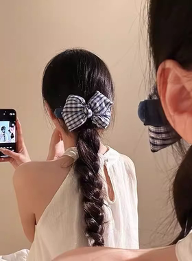 韩系蓝色格子立体蝴蝶结懒人发夹女高级感百搭发卡鸭嘴后脑勺头饰