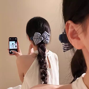 韩系蓝色格子立体蝴蝶结懒人发夹女高级感百搭发卡鸭嘴后脑勺头饰