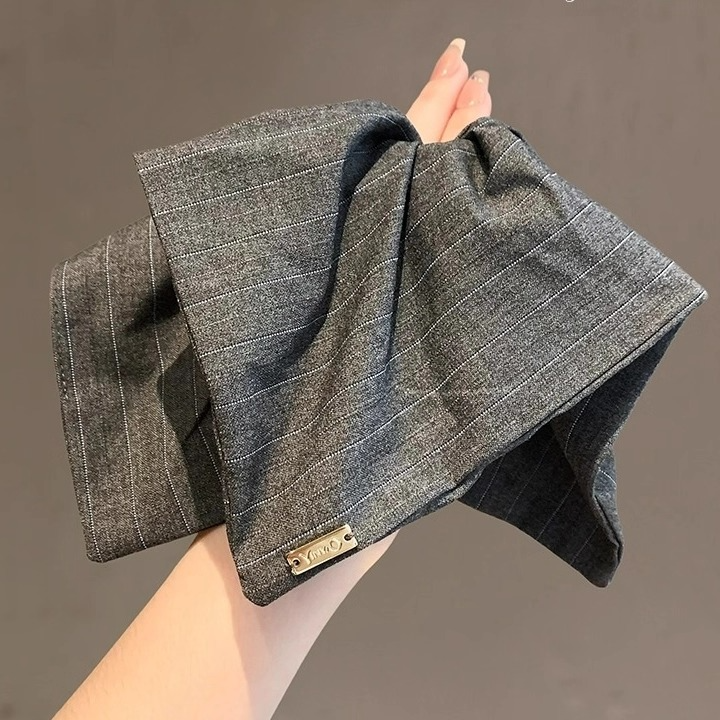 韩国高端学院风灰色西装面料条纹方巾肥肠圈氛围感小金标头绳发圈