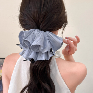 法式 丝光珍珠蝴蝶结大肠发圈女超大头花发绳优雅发饰头绳高端头饰