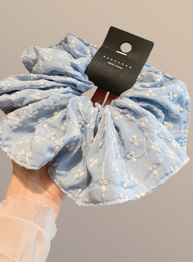 韩国奶蓝色文艺少女双层裙摆小肠圈后脑勺显发量刺绣花朵皮筋头绳
