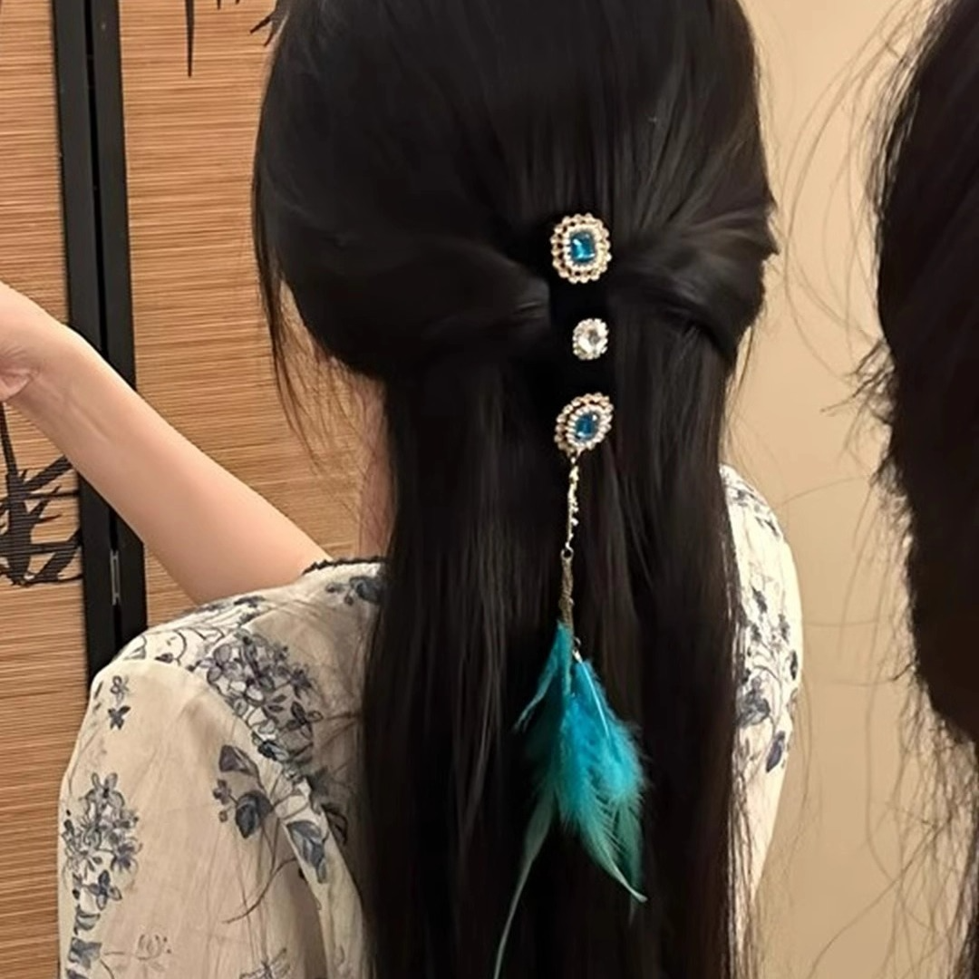 青翎曳风~民族风水钻羽毛流苏发夹女高级感后脑勺半扎发头饰夹子