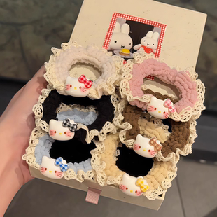 甜美蕾丝花边KT猫发圈可爱头绳秋冬毛线针织发绳少女百搭马尾皮筋