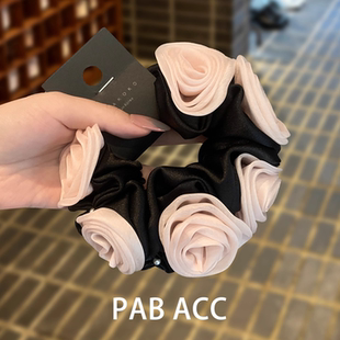 韩国ins仙气温柔淑女立体绢纱玫瑰花珍珠发圈氛围淡雅盘发绳头花