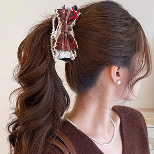 复古法式 夹子 格纹蕾丝蝴蝶结高马尾抓夹一字香蕉夹发夹女2025新款