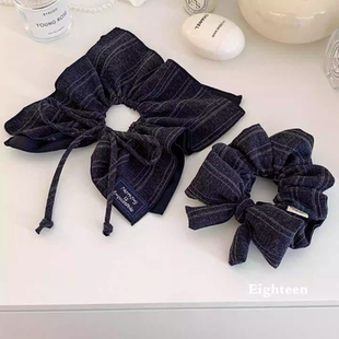 韩系藏青色蝴蝶结方巾大肠发圈女高级感扎头发超大号方形发饰头绳