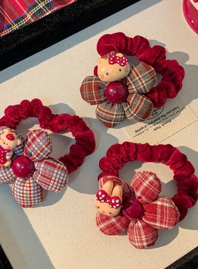 红色格纹花朵kt发圈秋冬植绒扎发绳可爱卡通丸子头米菲兔皮筋发饰