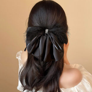 氛围感黑色轻奢羽毛缎面蝴蝶结马尾夹高级感时尚 百搭日常通勤发夹