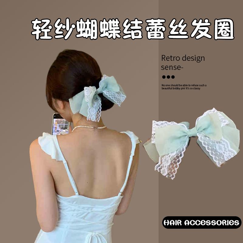 薄荷曼波温柔轻纱蝴蝶结发圈