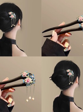 新中式牡丹花发簪女古风步摇U型盘发簪子中式发钗汉服旗袍配饰