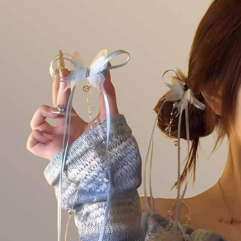 甜美对夹发饰法式复古丝带珠珠长流苏蝴蝶芭蕾风发夹女梦幻芭蕾