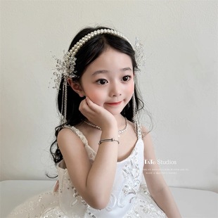 唯美超仙水晶流苏双层珍珠发箍儿童婚礼花童头饰六一表演生日发饰