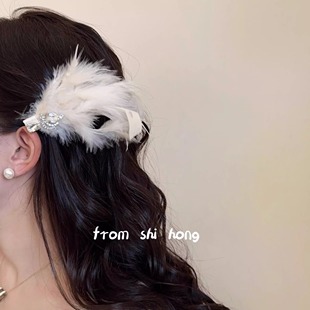 超仙白色天鹅妆羽毛发夹女刘海侧边发卡夹子大号网红拍照头饰发饰
