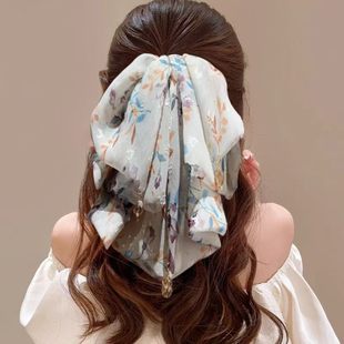超仙碎花大蝴蝶结飘带抓夹高级感马尾发夹女后脑勺鲨鱼夹子发饰