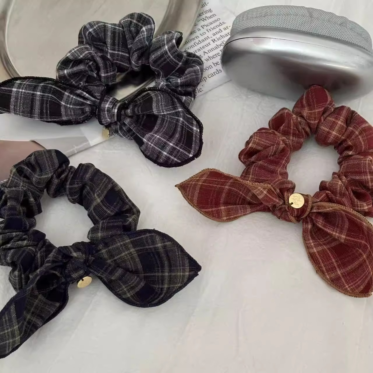 复古格纹学院风蝴蝶结发圈减龄时尚百搭发绳皮筋小肠发圈头饰品