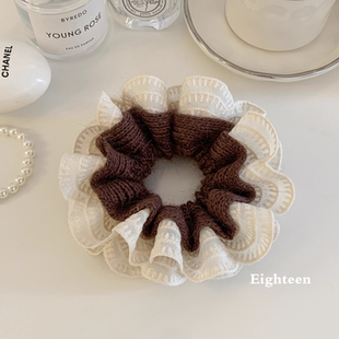 韩系藏青色蕾丝格子大肠发圈女慵懒风丸子头扎头发超大发饰头绳