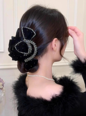 2025新款秋冬季闪钻丝绒蝴蝶结抓夹头饰女高级感后脑勺鲨鱼夹发夹