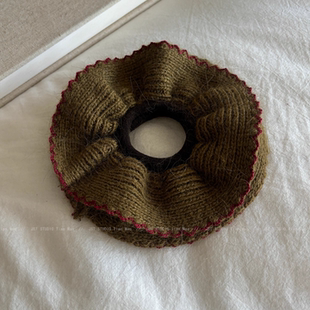 秋冬毛绒苔绿撞红花边双层发圈女2025新款 高级感发绳扎低马尾头绳