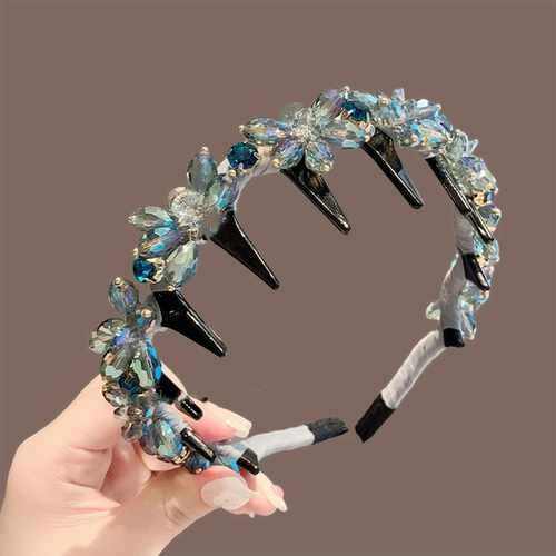 蓝色水晶带齿发卡头饰高级感轻奢发箍女款洋气时尚女孩气质头箍