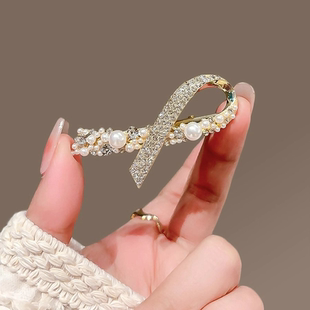 珍珠发夹女小众设计感飘带鸭嘴夹少女甜美侧边夹一字夹碎发刘海夹