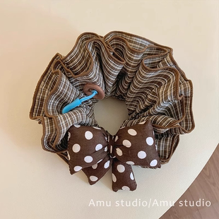 咖啡色格纹波点蝴蝶结四层大肠发圈女韩系扎头发丸子头低马尾头绳