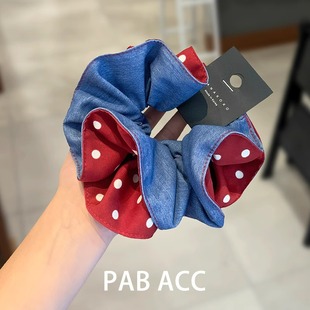 韩国气质高端AB面牛仔蓝波点褶皱肥肠圈双层绑发立体耐用皮筋发圈