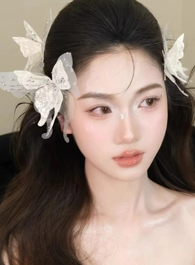 超仙白色蕾丝网纱蝴蝶发夹森系甜美优雅气质灵动边夹新娘礼服头饰