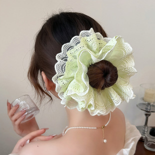 森系蕾丝绿色双层大肠发圈女高级感扎头发低马尾发饰头绳2025新款