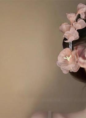 渐变蓝雪纺分枝花朵发夹2025新款氛围感侧边分支发卡拍照出片发饰