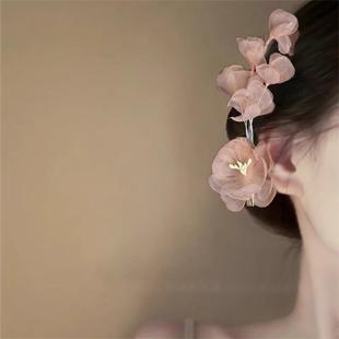 渐变蓝雪纺分枝花朵发夹2025新款 氛围感侧边分支发卡拍照出片发饰