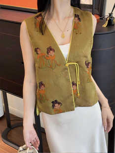 新中式国风醋酸马甲2024夏季新款复古小唐人V领提花马夹唐装背心