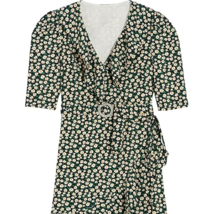 [清仓]2025夏季BEBE家同款法式V领绿色碎花短裙气质荷叶边连衣裙