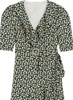 [清仓]2025夏季BEBE家同款法式V领绿色碎花短裙气质荷叶边连衣裙