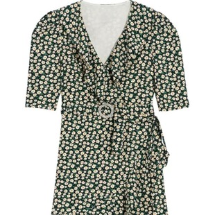 法式 BEBE家同款 2025夏季 V领绿色碎花短裙气质荷叶边连衣裙 清仓