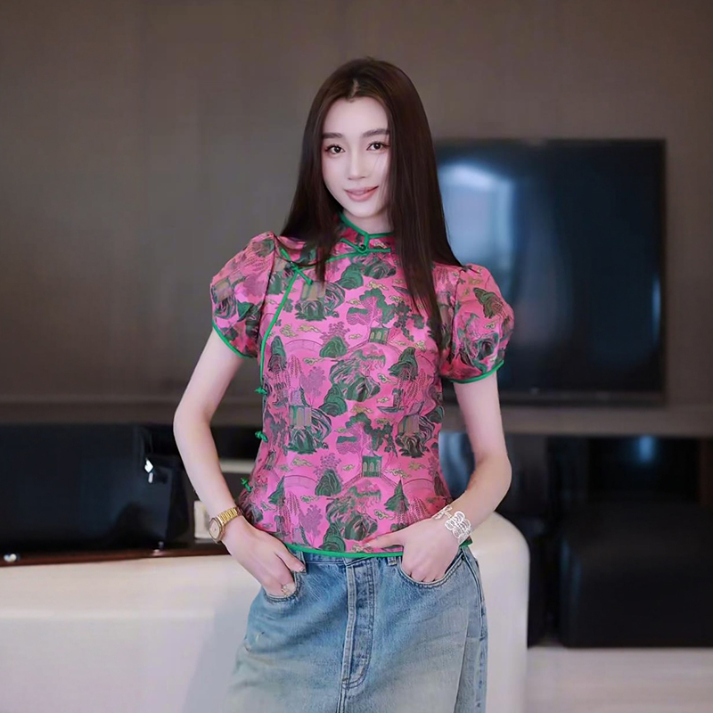 新中式国风复古上衣女夏季新款立领盘扣高级感超好看粉色旗袍衫