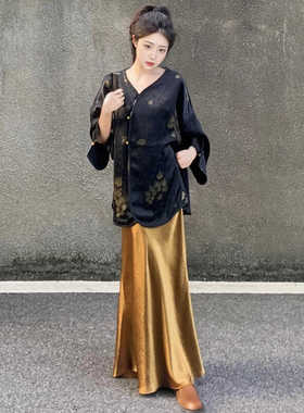 新中式醋酸黑色提花外套女2024早秋新款斜襟上衣半裙国风宽松套装