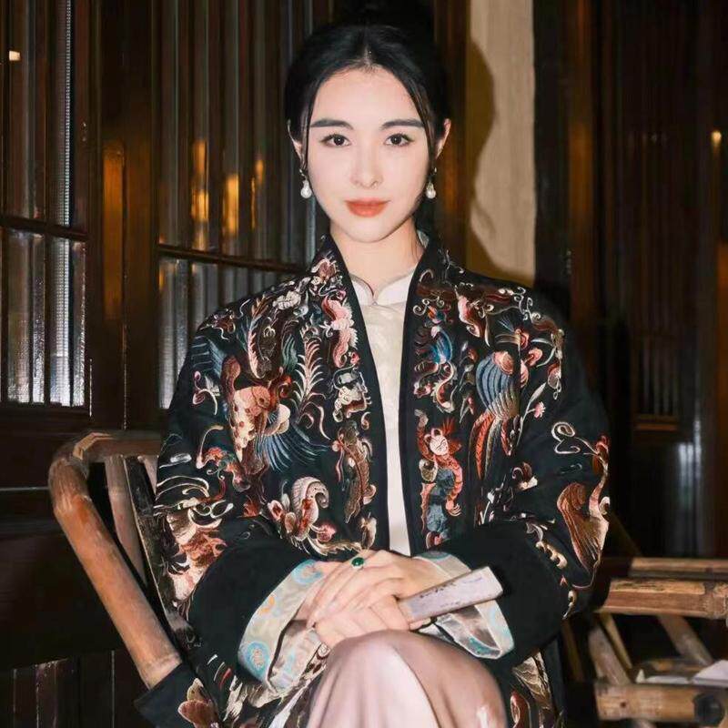 龟裂纹香云纱重工刺绣新中式外套女春秋冬国风宽松两面穿羽绒服